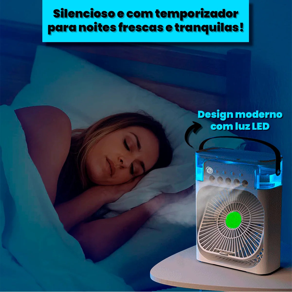 Mini Ar Condicionado Portátil - AquaFresco 600ml – Arrefece, Humidifica e Purifica com Oscilação 70°/90° e Luz LED Silenciosa USB-C