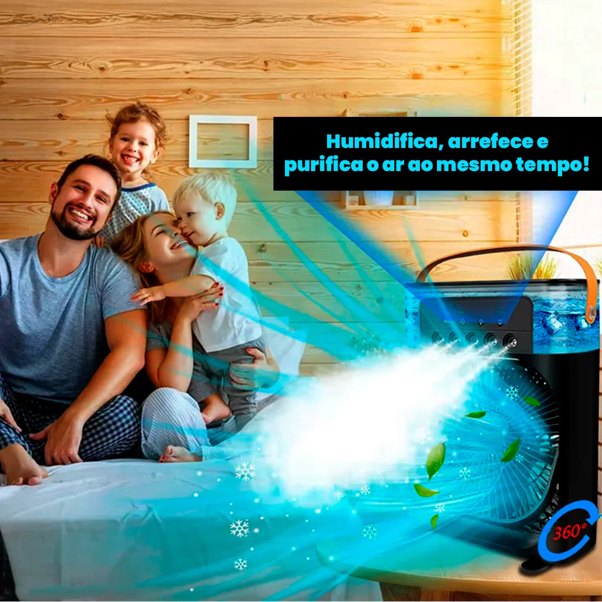 Mini Ar Condicionado Portátil - AquaFresco 600ml – Arrefece, Humidifica e Purifica com Oscilação 70°/90° e Luz LED Silenciosa USB-C
