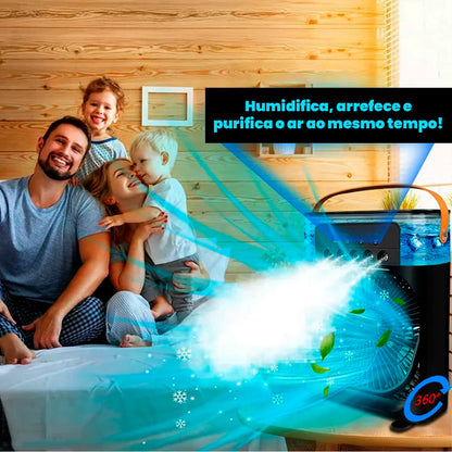 Mini Ar Condicionado Portátil - AquaFresco 600ml – Arrefece, Humidifica e Purifica com Oscilação 70°/90° e Luz LED Silenciosa USB-C