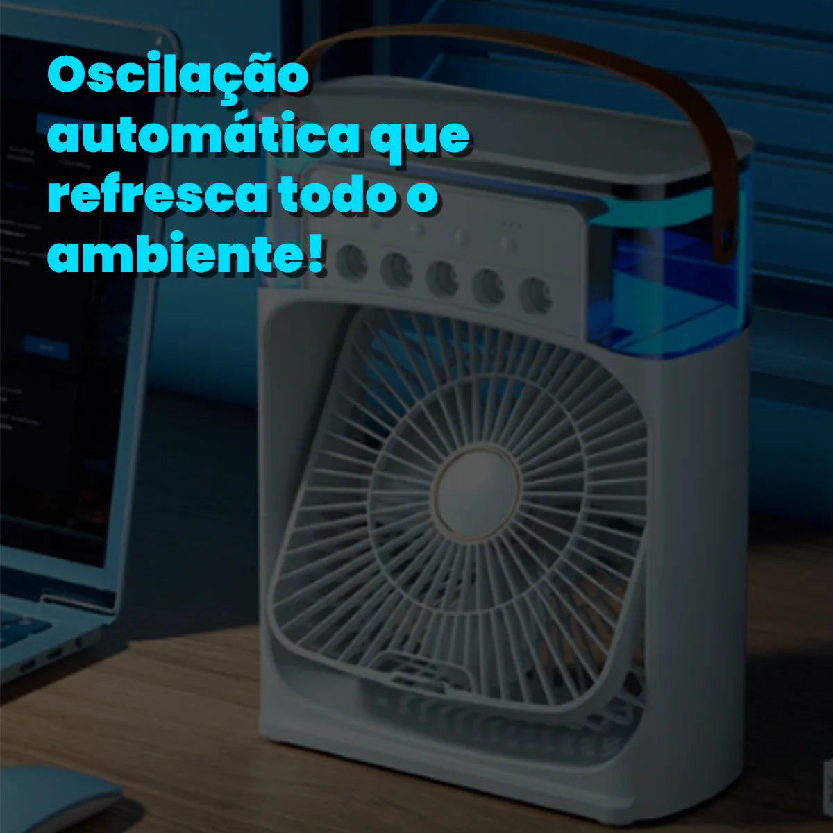 Mini Ar Condicionado Portátil - AquaFresco 600ml – Arrefece, Humidifica e Purifica com Oscilação 70°/90° e Luz LED Silenciosa USB-C