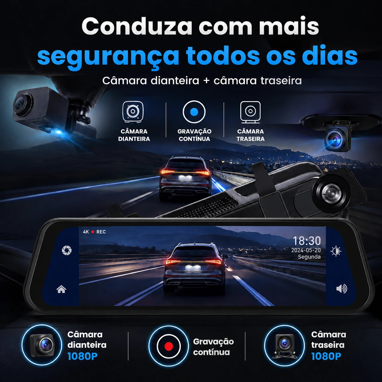 Espelho Retrovisor com Câmara Frontal + Câmara Traseira | DriveVision 360
