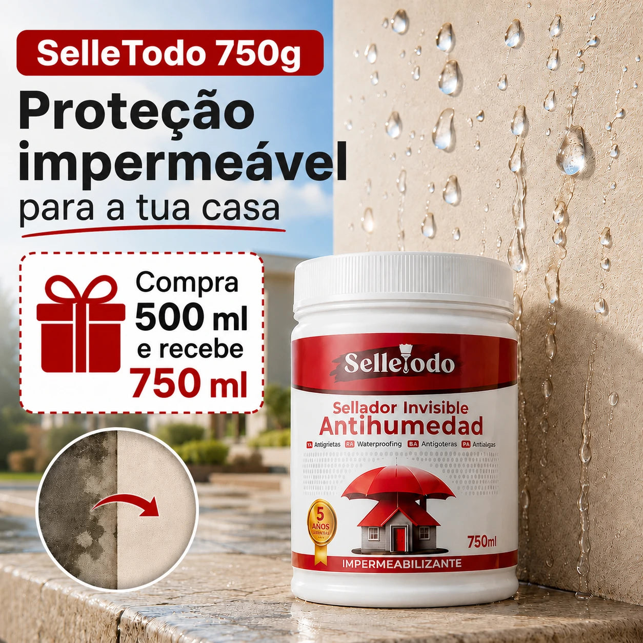 SelleTodo 750g, Proteção Impermeável Duradoura Contra Humidade, Goteiras e Infiltrações