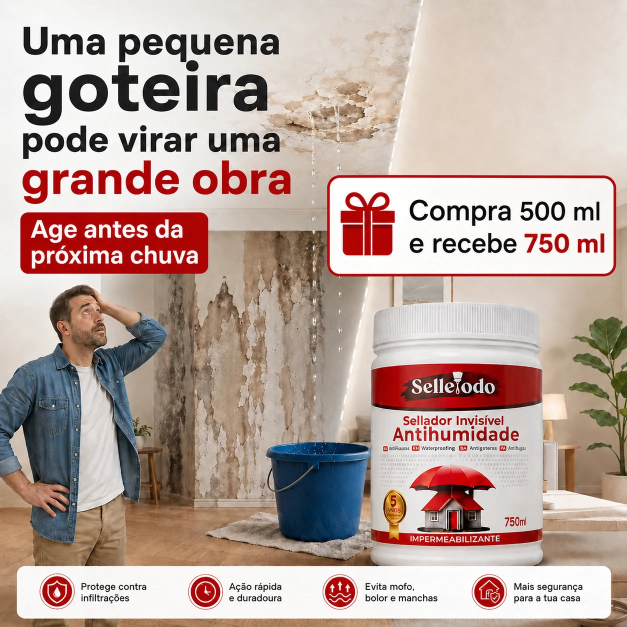 SelleTodo 750g, Proteção Impermeável Duradoura Contra Humidade, Goteiras e Infiltrações